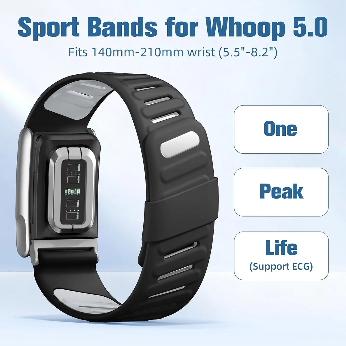 Getino 2 Pack Bands Compatible with Whoop 5.0 Bands One, Peak and MG/Life, Soft Silicone Breathable Waterproof Sport Adjustable Replacement Strap for Whoop Band 5.0 Women Men
