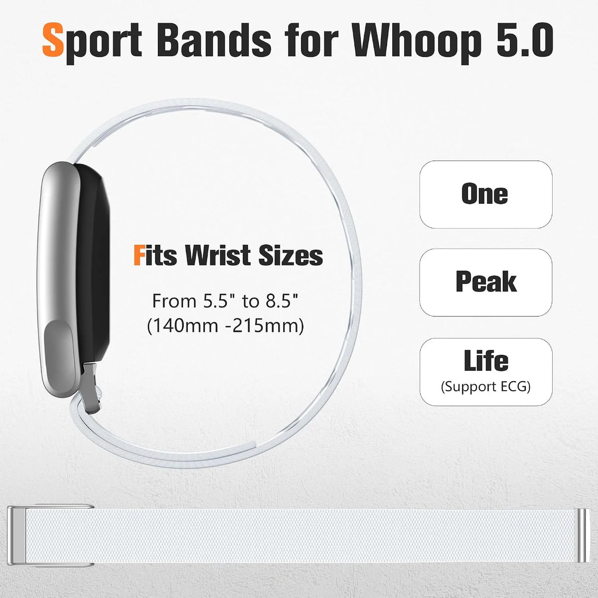 Getino Sport Band Compatible with Whoop 5.0 Bands One, Peak and Life/MG, Breathable Adjustable Elastic Replacement Soft Nylon Strap Accessories for Whoop Band 5.0 Fitness Tracker, White